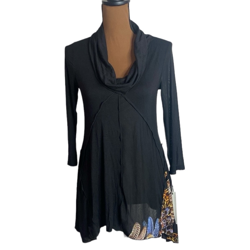 Mesmerize black lagenlook cowlneck tunic with feather print mesh inserts size S